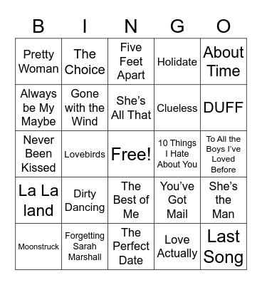 Rom-com bingo Card