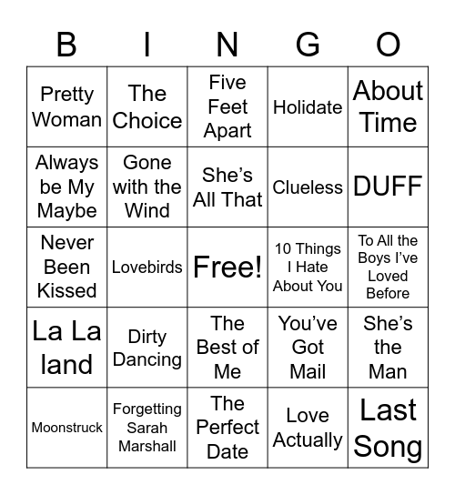 Rom-com bingo Card