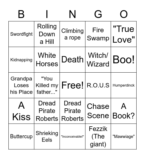 The Princess Bride Bingo Card