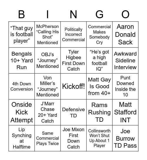 Super Bowl Bingo Card