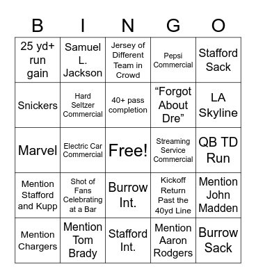 SUPER BOWL BINGO! Bingo Card