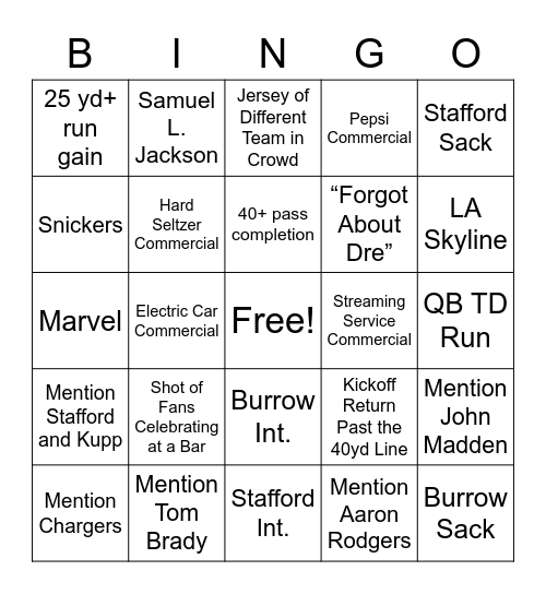 SUPER BOWL BINGO! Bingo Card