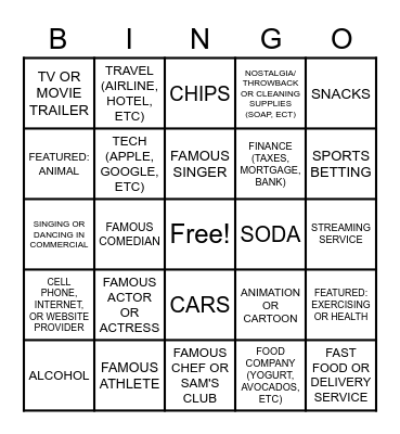 SUPERBOWL LVI COMMERCIAL BINGO Card