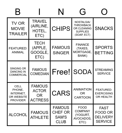 SUPERBOWL LVI COMMERCIAL BINGO Card