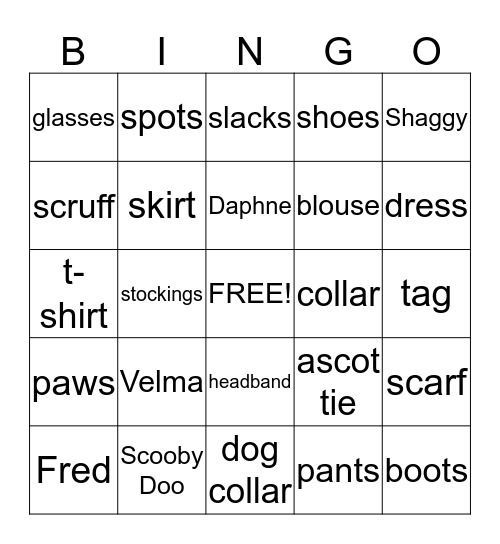 American English Scooby Doo Bingo Card