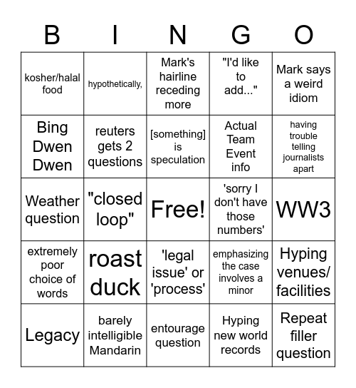 IOC & Beijing Press Conference Bingo Card