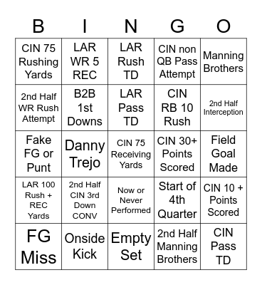 Addy's Super Bowl Bingo Card