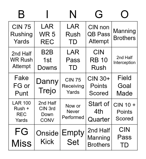 Addy's Super Bowl Bingo Card