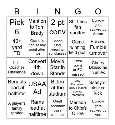 Superbowl 2022 Bingo Card