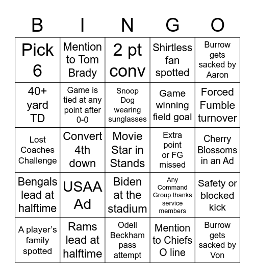 Superbowl 2022 Bingo Card