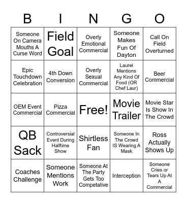 Super Bowl Bingo Card