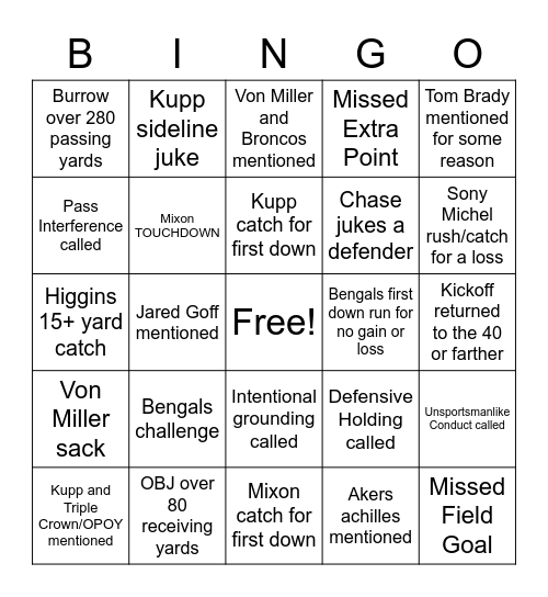 Superbowl Bingo Card