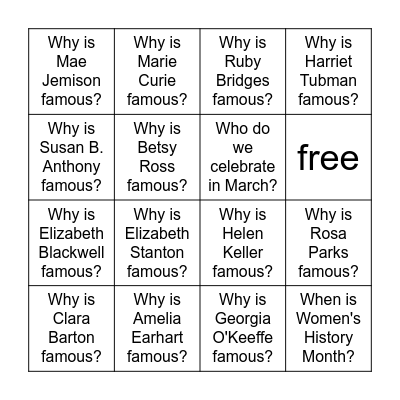 Women's History Month Bingo Level 2 Bingo Card