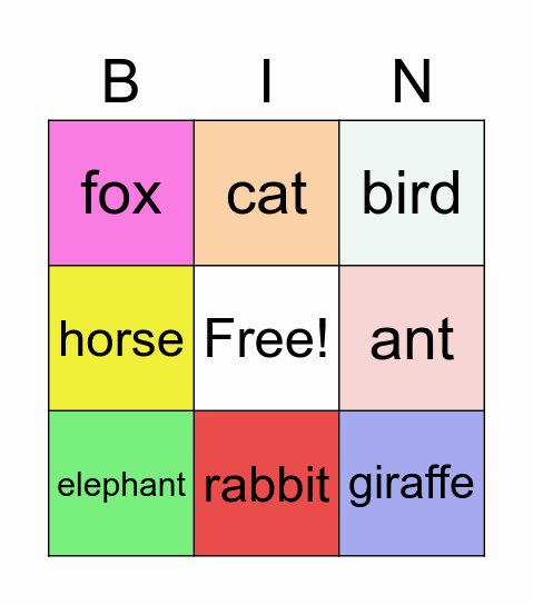 Animals Bingo Card