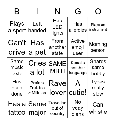 DPK Find-a-Cutie Bingo Card