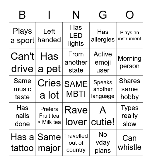 DPK Find-a-Cutie Bingo Card