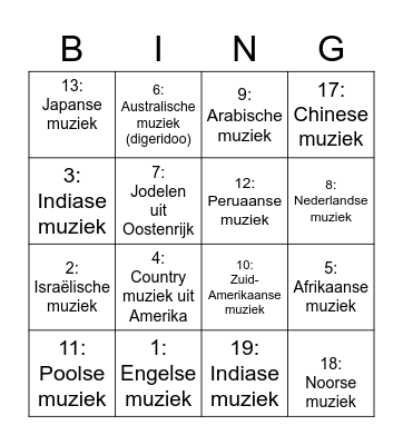 Wereldmuziek Bingo Card