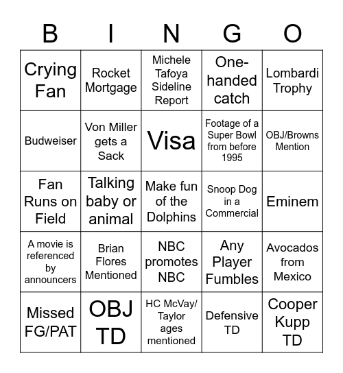 Tony's Super Bowl Bingo Card