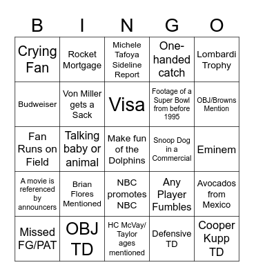 Tony's Super Bowl Bingo Card