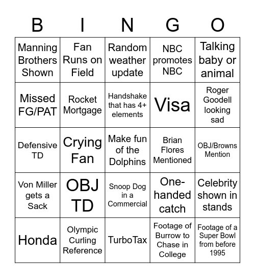 Tony's Super Bowl Bingo Card