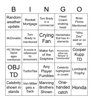 Tony's Super Bowl Bingo Card