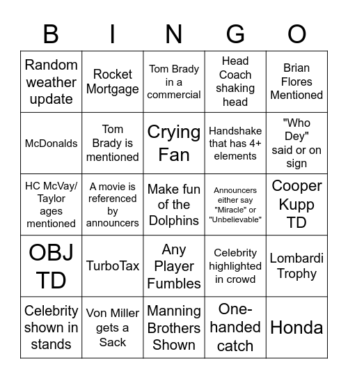 Tony's Super Bowl Bingo Card