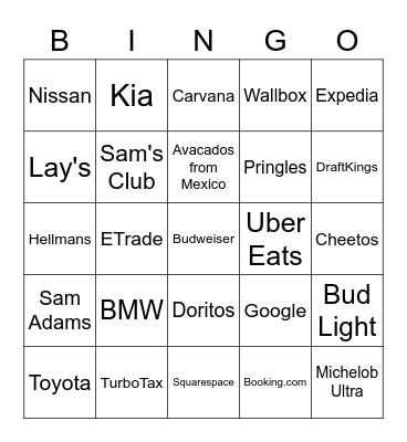 Superbowl LVI Commercial Bingo Card