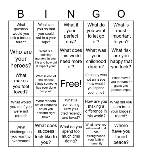 Kindess and Afraid Bingo Card