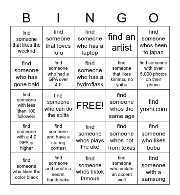 Friendship Bingo Card