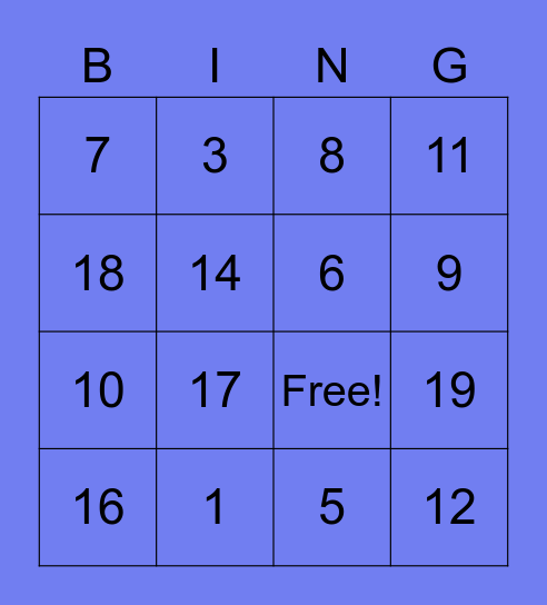 Hindi Numbers 1-20 Bingo Card