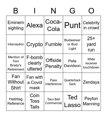 Superbowl Bingo: Football & Commercials Bingo Card