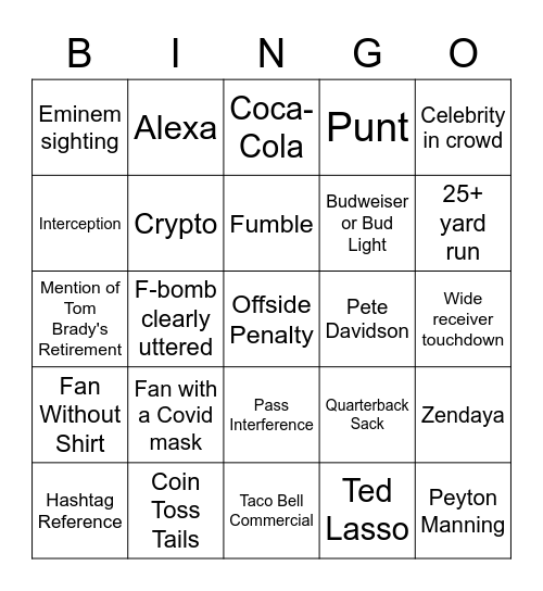 Superbowl Bingo: Football & Commercials Bingo Card