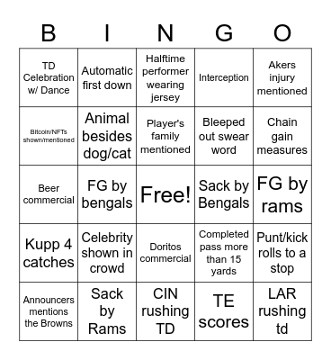 Super Bowl Bingo Card