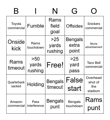 Super Bowl Bingo Card