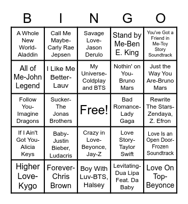 Valentines Day Music Bingo Card