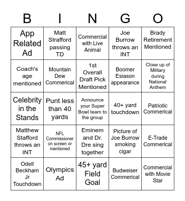 Rossman Super Bowl 2022 Bingo Card