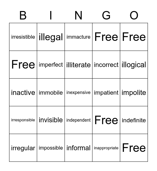 Negative Prefixes Bingo Card