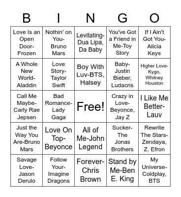 Valentines Day Music Bingo Card