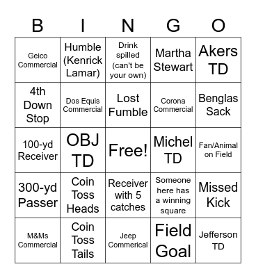 Super Bowl LVI Bingo Card