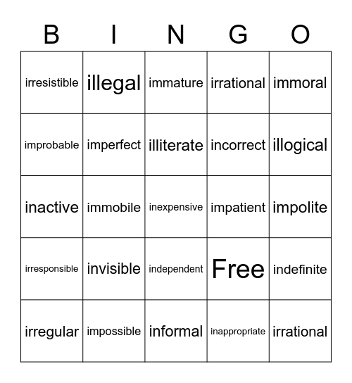 Negative Prefixes Bingo Card