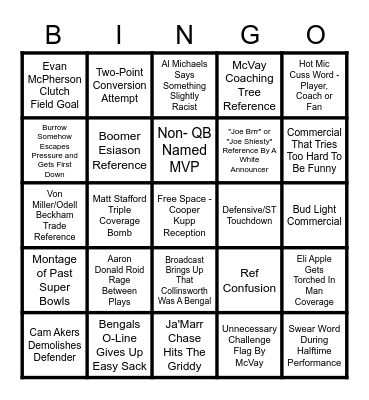 Super Bowl Bingo Card