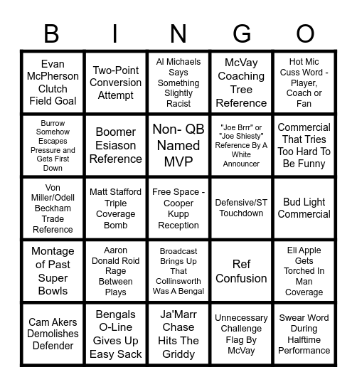 Super Bowl Bingo Card