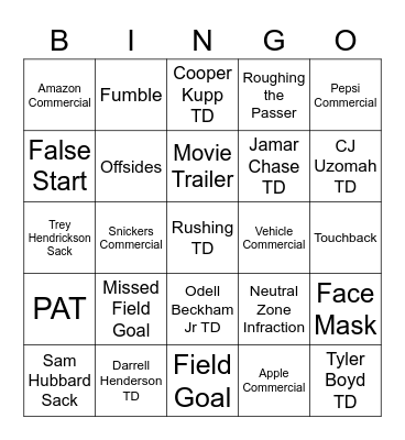 Super Bowl LVI Bingo Card
