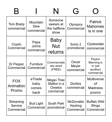 Super Bowl 2022 Bingo Card