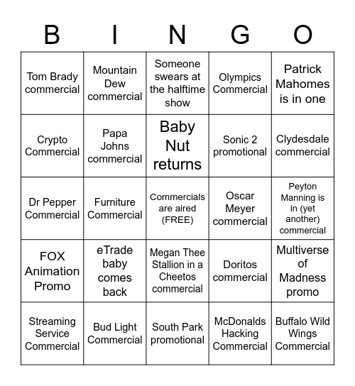 Super Bowl 2022 Bingo Card