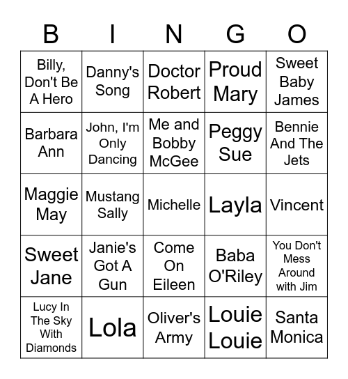 Songs With Boy/Girl Names In The Title Bingo Card