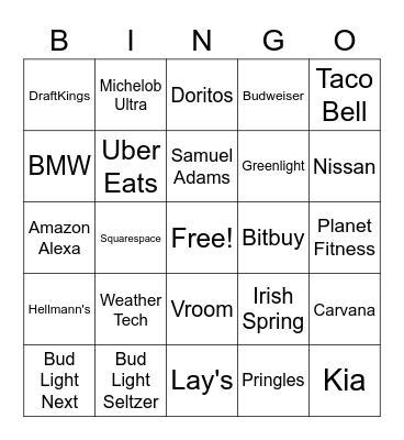 Super Bowl LVI Commercials Bingo Card