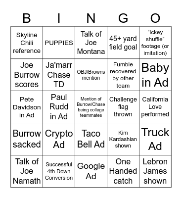 SUPERBOWL BINGO (football centric) Bingo Card