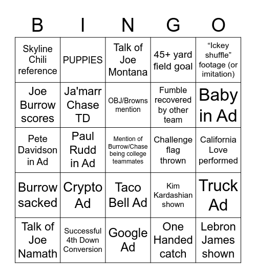 SUPERBOWL BINGO (football centric) Bingo Card
