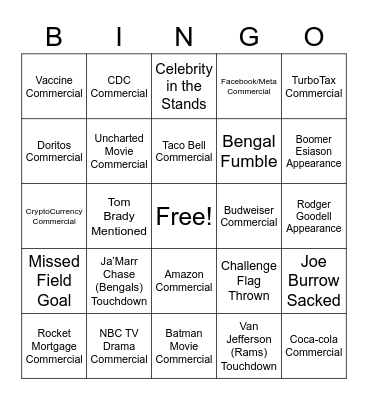 Super Bowl 56 Bingo - Rams v. Bengals Bingo Card